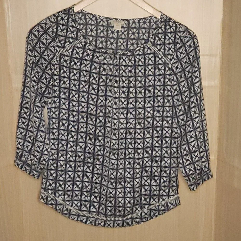 J. Crew Blue White Abstract Silky Pullover Blouse XXS